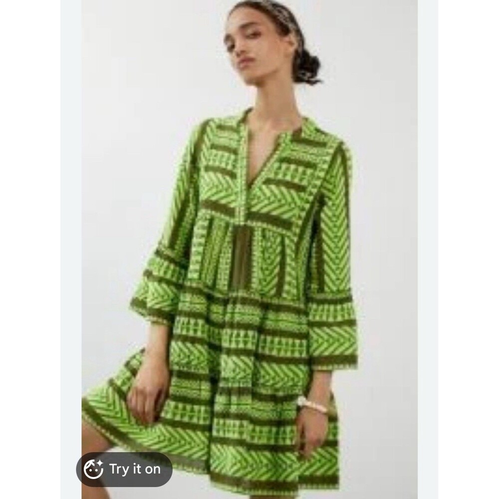Devotion Twins Embroidered Ella Lime/Olive Green Tunic Dress Small Resort Summer